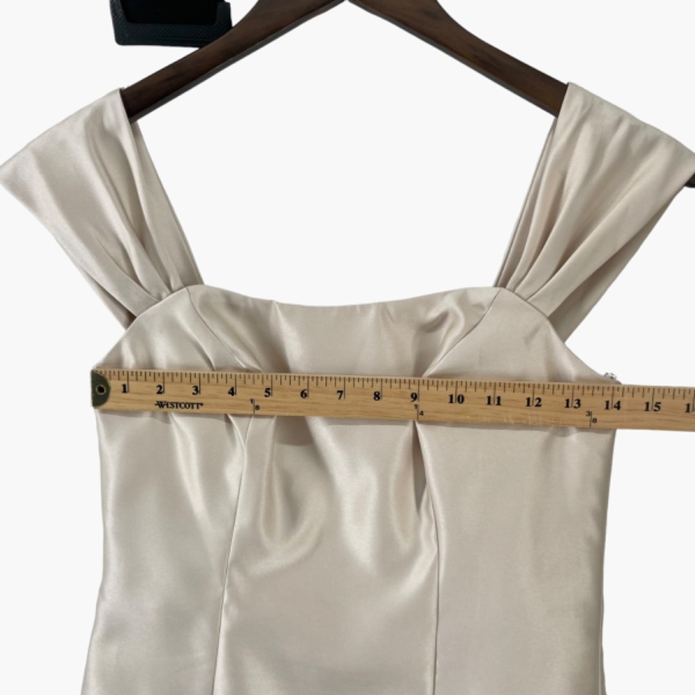 Alfred Sung Champagne Beige Off the Shoulder Bow Back Satin Dress - Picture 8 of 10